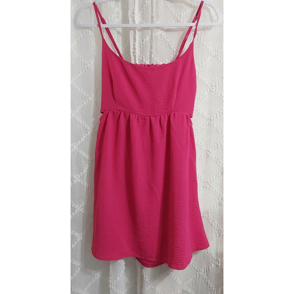 Originality Hot Pink Open Back Mini Dress Adjustable Straps Large Crepe Texture